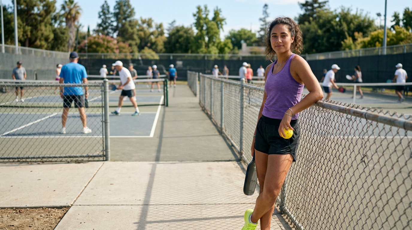 Player leaning on the court fence with a full club playing behind her