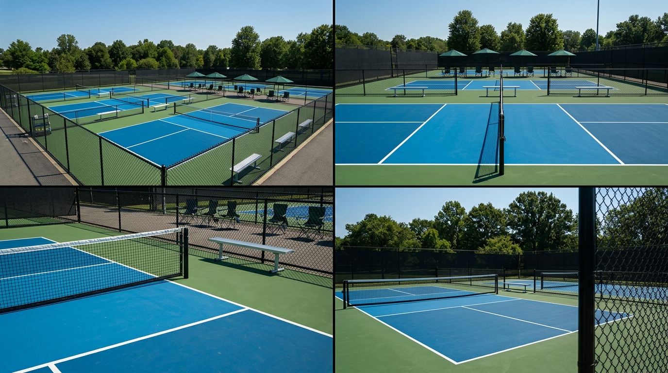 Rows of freshly painted pickleball courts on a sunny day