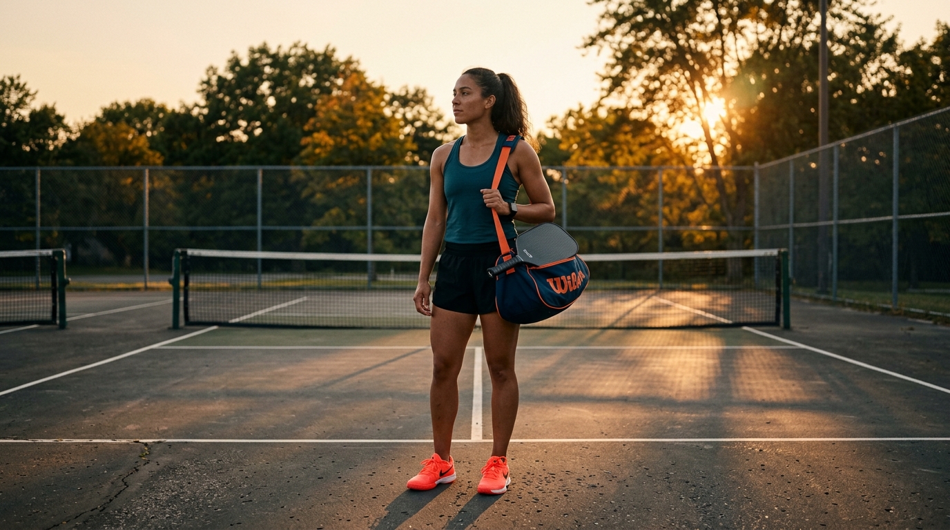 Player standing on court at golden hour with a bag over her shoulder