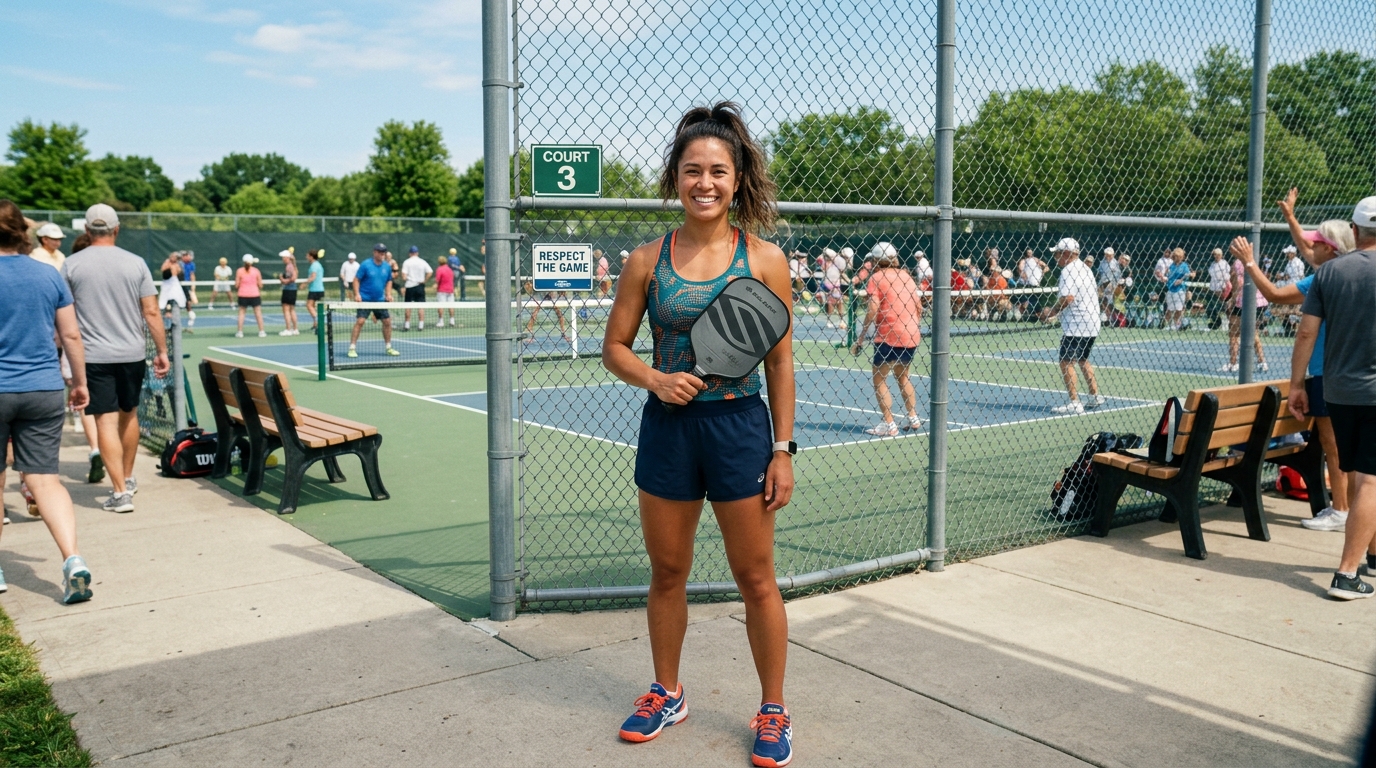 Player smiling courtside holding a pickleball paddle