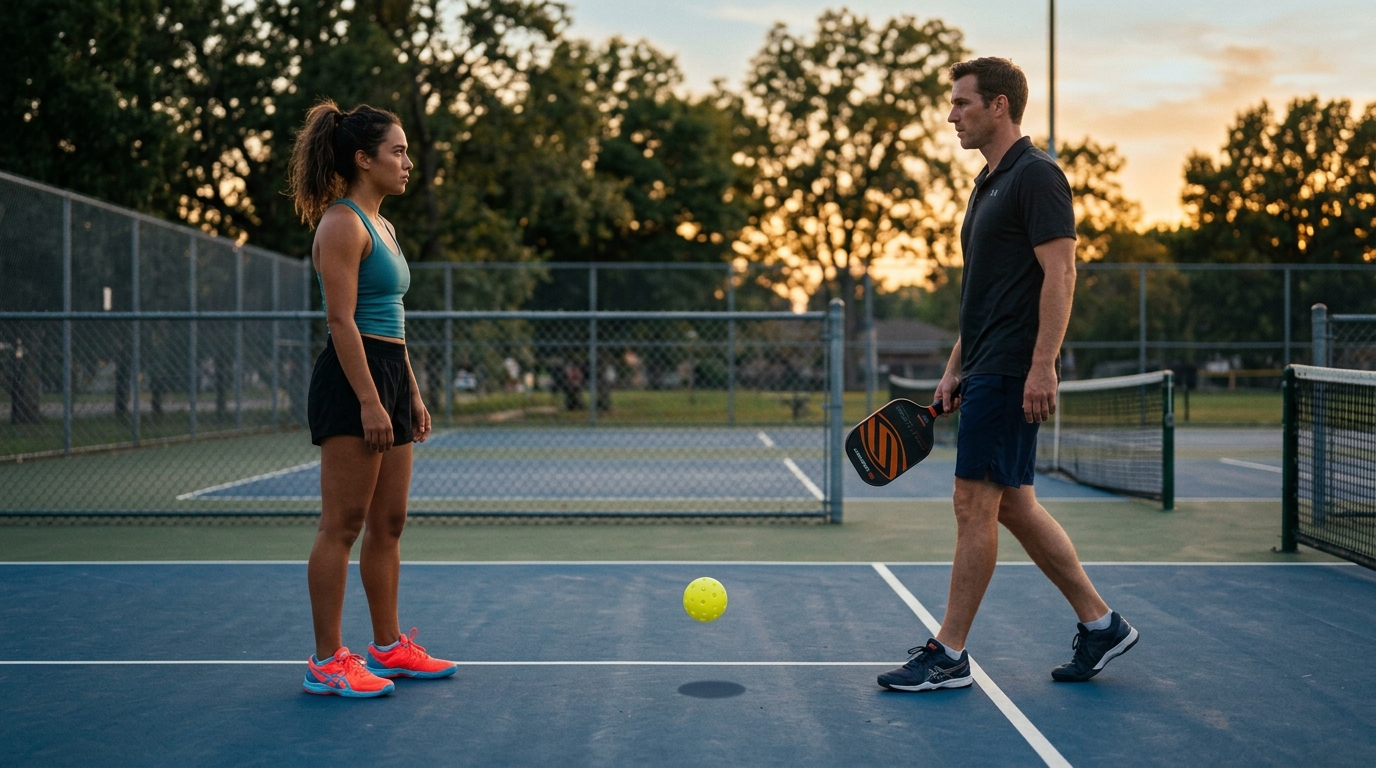 Two players facing off across the net at dusk