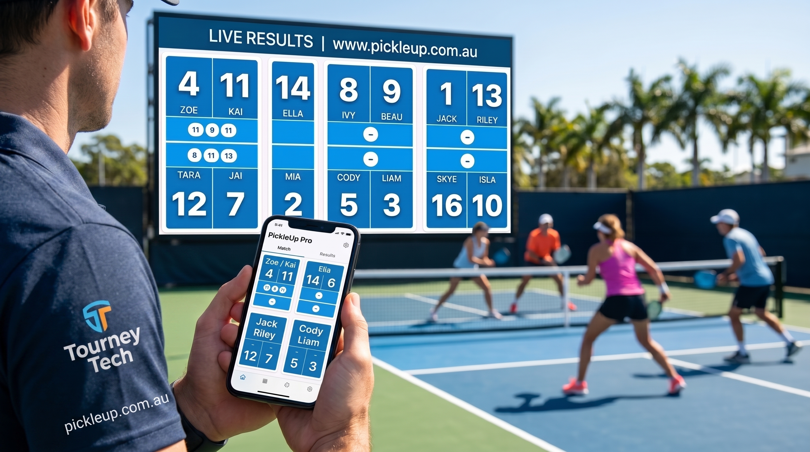 Courtside scoreboard and a phone screen both showing live PickleUp results