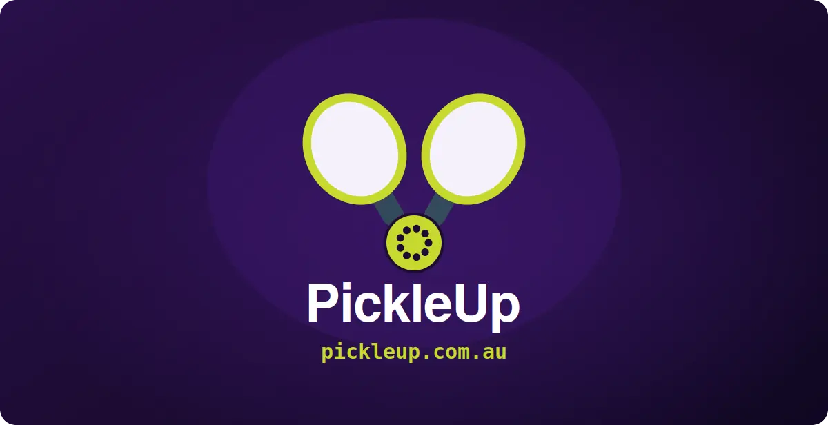 The PickleUp mark — crossed paddles above a pickleball — with the wordmark and domain